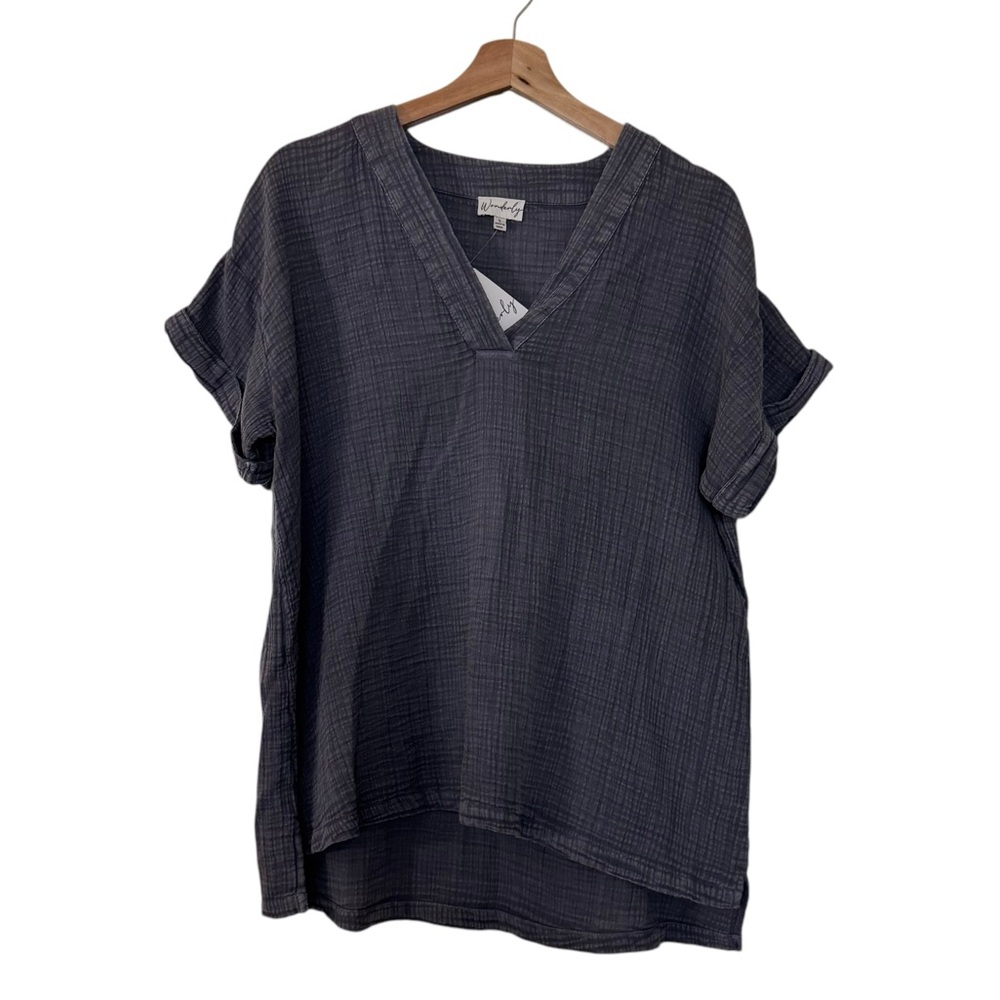 New Wonderly Crinkle Gauze Roll-Sleeve V-Neck Top